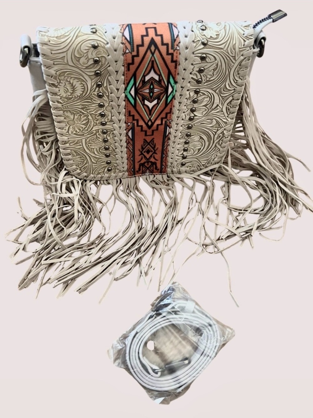 Light Gray Embossed Vegan Fringe Crossbody Bag with Aztec Stripe - Picture 6 of 11